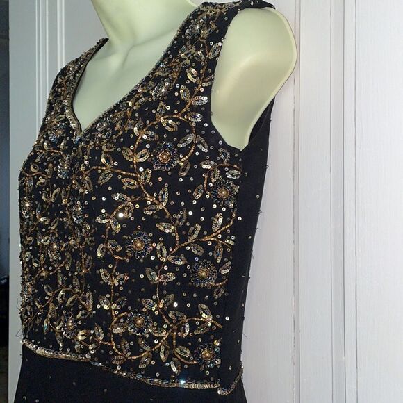 Vtg black & gold sequined, spangled & beaded dressy dress - Picture 6 of 11